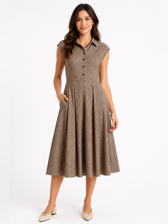 RIHOAS Dresses & Skirts - RIHOAS Brown Gingham Pleated Midi Dress NWT Size L